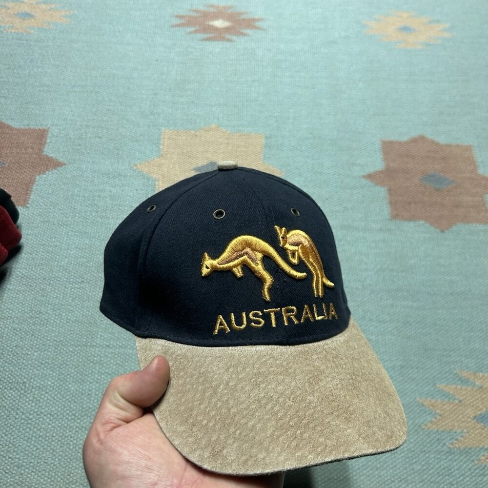 Vintage strapback hat cap Australia kangaroo animal leather bill adjustable